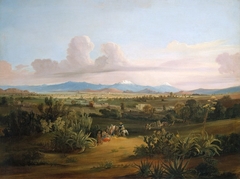 View of the Valley of Mexico with Volcanoes and the Texcoco Lake by Johann Moritz Rugendas