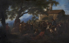 Villagers gathered under a Tree in front of a Small Monastery by Pandolfo Reschi