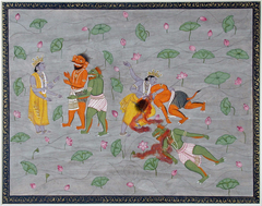 Vishnu kills two demons in a lotus pool by Anonymous