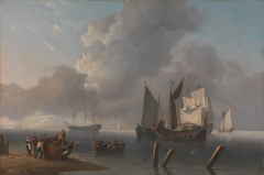 Warships Lying Offshore, the Commanding Admiral Being Rowed out to Join the Flagship, Her Sails Illuminated by a Break in the Cloud by Charles Martin Powell