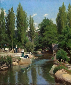 Washing clothes by a creek in Brittany by Viggo Christian Frederik Vilhelm Pedersen