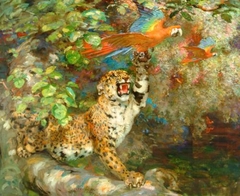 William Walls - A Jaguar and Macaws (or 'Just Missed' or 'On The Banks of The Orinoco) - ABDAG003567 by William Walls