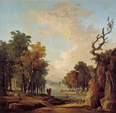 Wooded river landscape with a traveller, a barking dog, a horseman and women washing at an islet by Hubert Robert