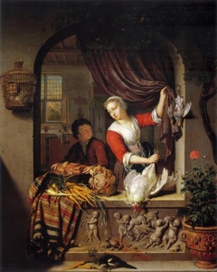 Young woman in a window holding a dead bird, 1715 by Willem van Mieris