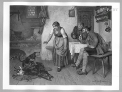 Zwei Jäger mit Mädchen in der Stube und Gemsbock by Adolf Eberle