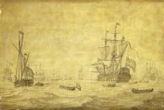 A Dutch two-decker and a galjoot lying-by with the fleet at sea, ca.1672 by Willem van de Velde the Elder