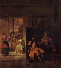 A man and a serving woman behind a screen, with card players beyond by Pieter de Hooch