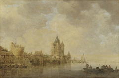 A river landscape with fishermen in a boat before a village jetty by Jan van Goyen