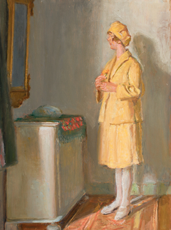 A young woman looking in the mirror. by Michael Peter Ancher