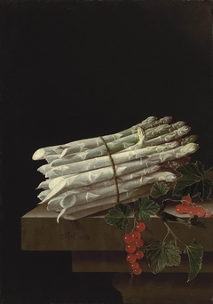 Asparagus and red currants on a stone ledge by Adriaen Coorte