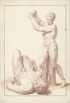 Beeld van een jongen met opgeheven armen bij een liggende man met baard by Louis Fabritius Dubourg