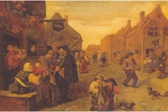 Boors listening to a Hurdy-Gurdy, outside a Shoemaker's workshop, in a Village Street by Adriaen Brouwer