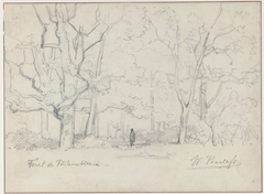 Boslandschap te Fontainebleau met wandelaar by Willem Roelofs I