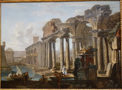 Capriccio of Classical Ruins with Boats by Hubert Robert