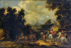 Cavaliers halting on a Roadway in a Landscape by Jacques d'Arthois