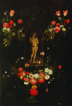 Christ at the column, in a garland of flowers by Frans Ykens