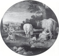 Country Scene with Milkmaid and Children Playing with Armour: March and April by Anonymous