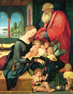 Die Heilige Familie im Gemach mit fünf Engeln by Hans Baldung Grien