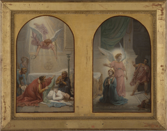 Esquisse pour la chapelle Sainte-Suzanne de l'église Saint-Roch : "L’impératrice Prisca ensevelissant le corps de sainte Suzanne" - "Maximien reculant à la vue de l'ange qui protège sainte Suzanne" by Sébastien Norblin