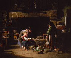 Farm Interior: Breton Children Feeding Rabbits by William Henry Lippincott