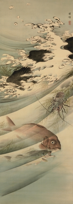 Fish, Lobster, Waves, and Rock by Kōno Bairei