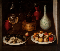 Fruit Bowl with Plates of Grapes and Pears, glass and clay Vessels by Anonymous Madrid Painter