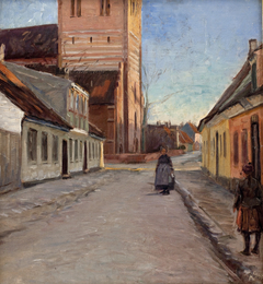 Gade i Køge med Nicolai kirke til venstre by Albert Gottschalk