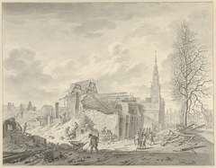 Gezicht op het Rapenburg te Leiden na de Buskruitramp van 12 januari 1807 by Leendert Overbeek