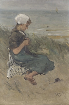 Girl Knitting in the Dunes by Bernardus Johannes Blommers