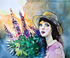 Girl with flowers, watercolor by Anna Orion