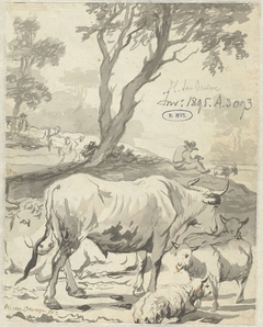 Herder met koeien en schapen onder een boom by Hendrick ten Oever