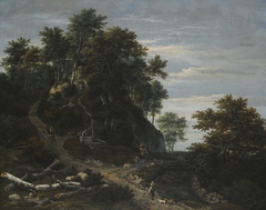 Hilly Wooded Landscape with a Falconer and a Horseman by Jacob van Ruisdael