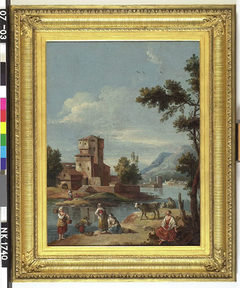 Italiaans landschap met gebouwen aan een meer, figuren en vee by Giuseppe Zais