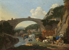 Italianate Landscape with Herders and Animals resting by a River under a Bridge by Karel Dujardin