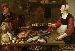 Kitchen interior with a female cook. by Floris van Schooten