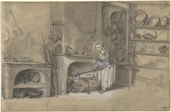 Kitchen-sene with a Girl frying Pancakes by Louis Aubert