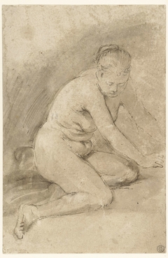 Knielend vrouwelijk naakt met uitgestrekte armen by Unknown Artist
