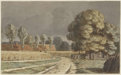 Korenveld tussen huizen onder een dreigende onweerslucht te Hilversum by Hendrik Abraham Klinkhamer