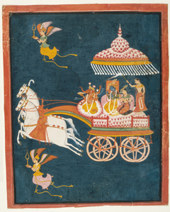 Krishna and Rukmini as Groom and Bride in a Celestial Chariot Driven by Ganesha by Anonymous