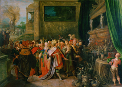 Krösus zeigt Solon seine Schätze (Im Hintergrund Krösus auf dem Scheiterhaufen) by Frans Francken the Younger