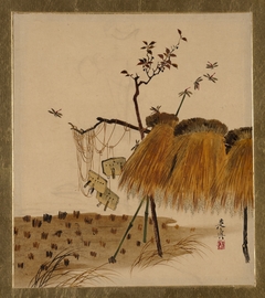 Lacquer Paintings of Various Subjects: Stack of Rice and Dragonflies by Shibata Zeshin