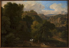 Landscape with a hunting scene by Dirk Maas