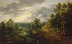 Landscape with Trees near a River (Landscape with Hunters) by Lucas van Uden