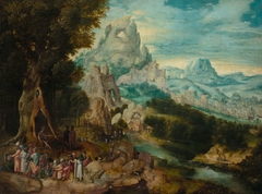 Landschaft mit der Predigt Johannes d. Täufers by Herri met de Bles