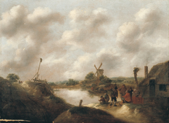 Landschap met boeren aan een rivieroever by Nicolaes Molenaer