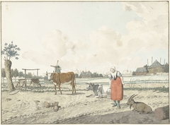 Landschap met boerin en vee by W. Barthautz