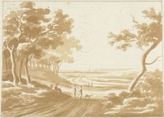 Landschap met een pad waarop mensen lopen by Hendrik van der Burgh