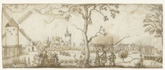 Landschap met gezicht op een stad by Unknown Artist