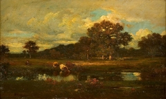 Landschap met koeien bij een waterplas (La mare) by Jules Dupré