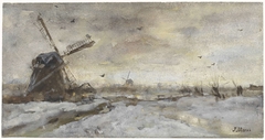 Landschap met molen in de sneeuw by Jacob Maris